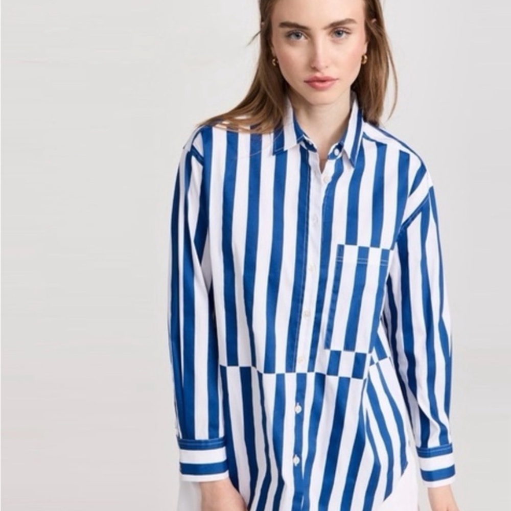 AYR Deep End Blue and White Striped Button Down Shirt in Large